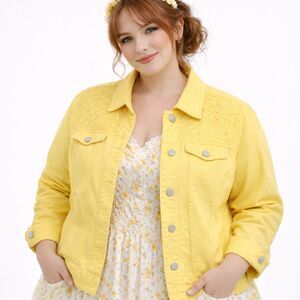 Allison Daley Yellow Eyelet Trim Jacket Plus Size 18 Cottagecore Casual Layer